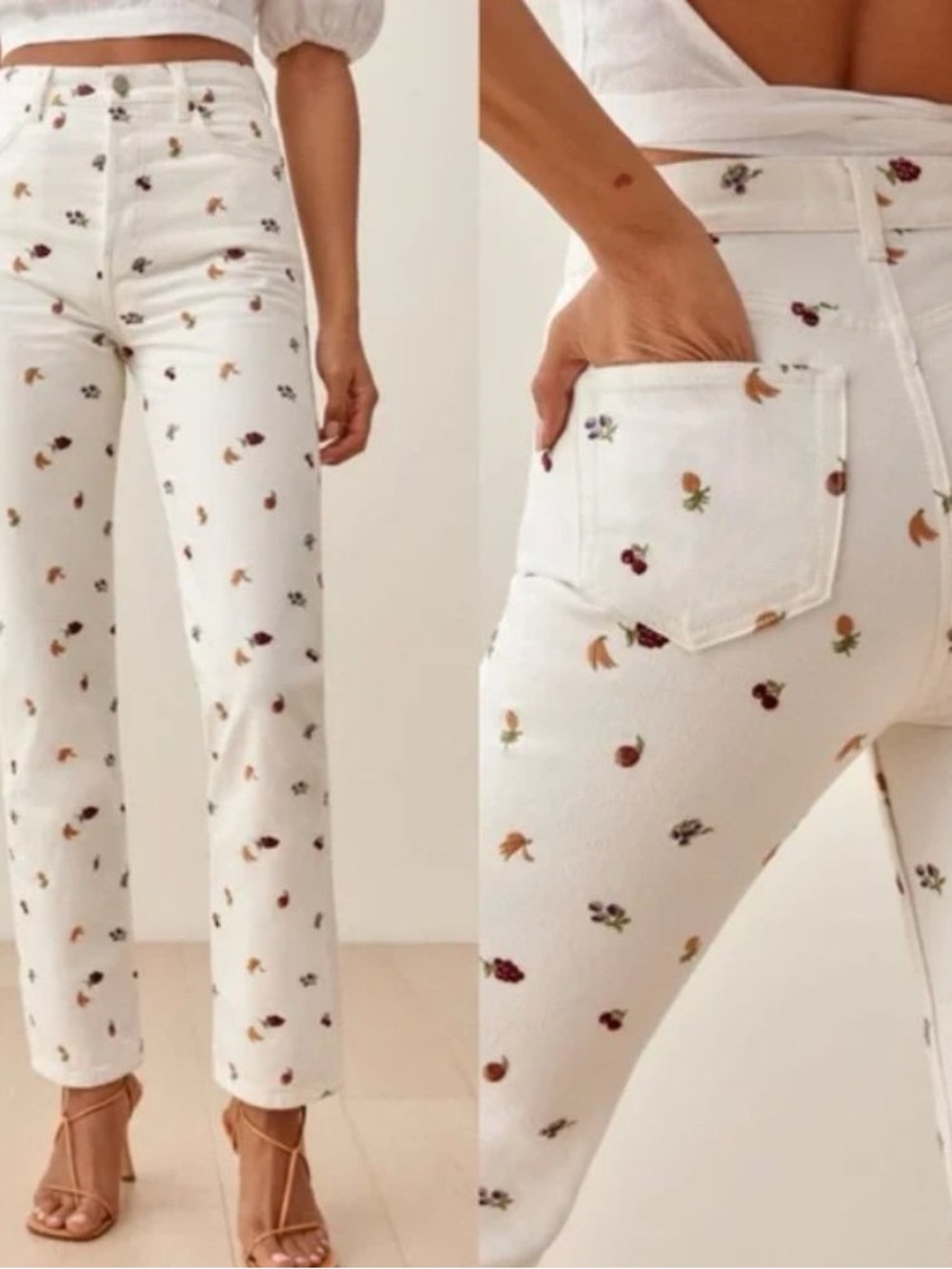 Fruit embroidered jeans high rise straight cottagecore Reformation size 23 white
